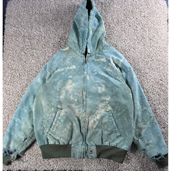 Vintage Carhartt Teal hooded Jacket X-Large Canvas Quilt Lined Custom Tie Dye